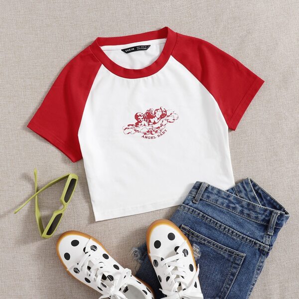 

Contrast Raglan Sleeve Letter & Angel Print Tee, Red and white