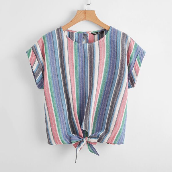

Striped Roll Up Sleeve Knot Front Top, Multicolor