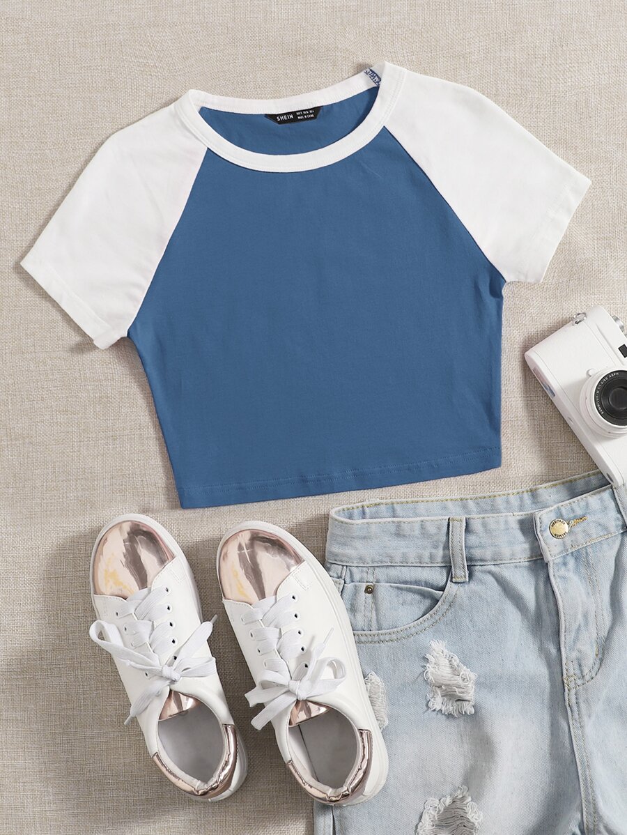 SHEIN EZwear Raglan Sleeve Two Tone Crop Top - Blue - View 1