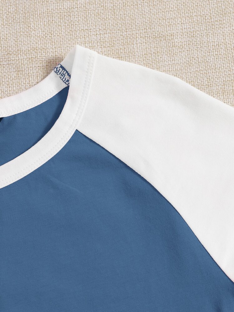 SHEIN EZwear Raglan Sleeve Two Tone Crop Top - Blue - View 3