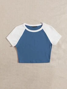 SHEIN EZwear Raglan Sleeve Two Tone Crop Top - Blue - View 5