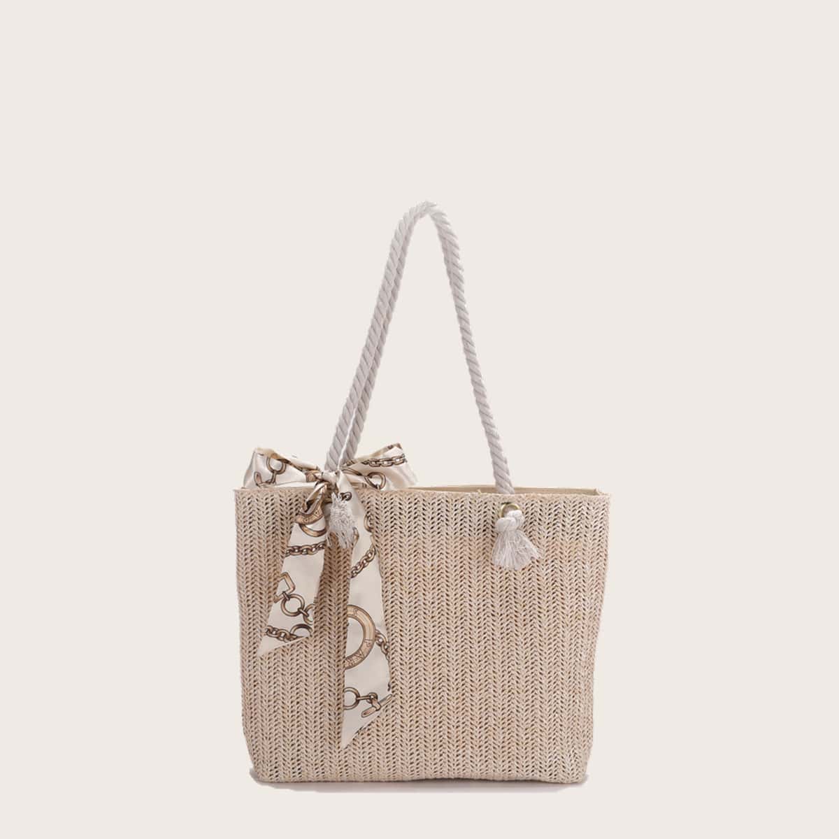 

Scarf Knot Straw Tote Bag, Beige