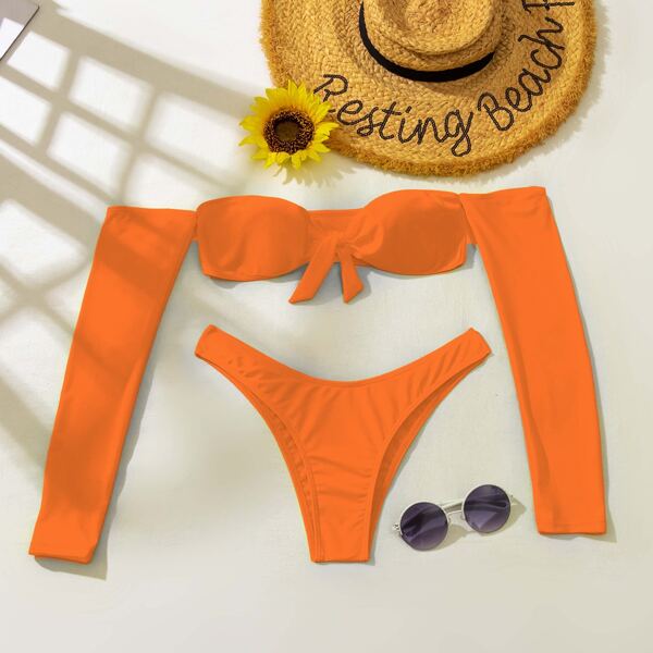 

Knot Front Bardot Bikini Swimsuit, Orange