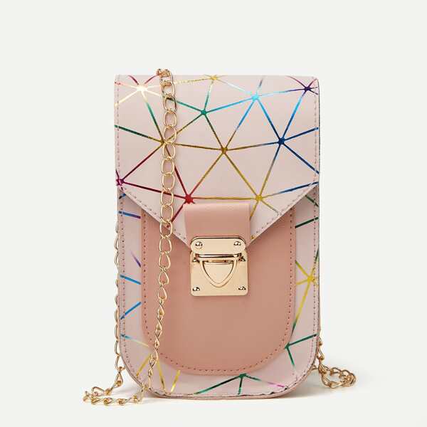 

Geometric Graphic Push Lock Chain Bag, Pink