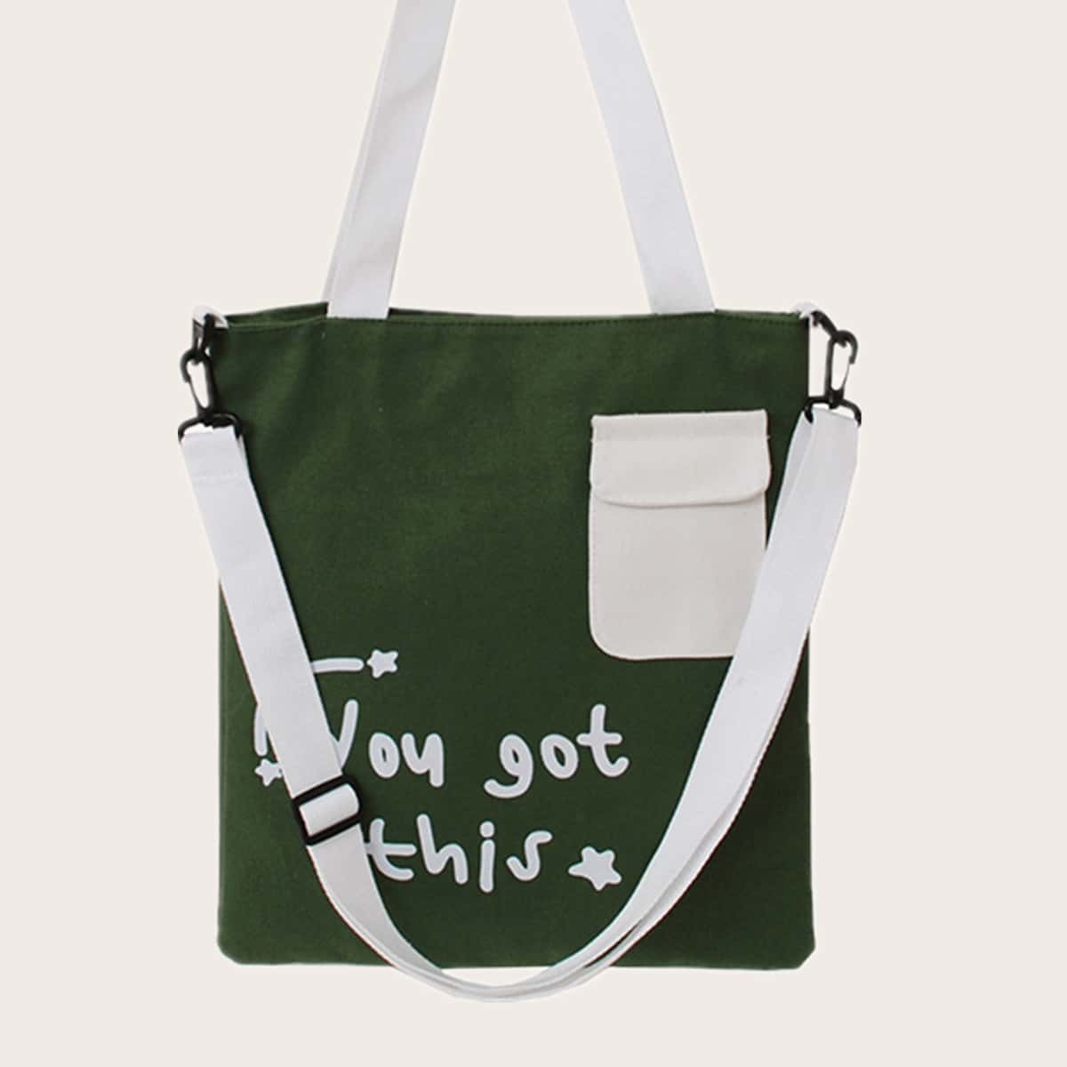

Colorblock Slogan Graphic Tote Bag, Green
