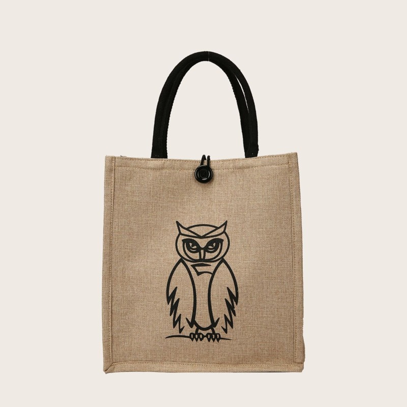 

Owl Graphic Tote Bag, Khaki