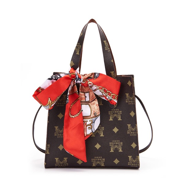 

Twilly Scarf Decor Geometric Pattern Satchel Bag, Coffee brown