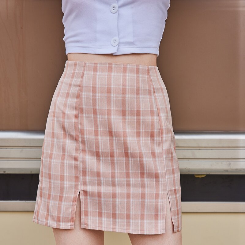 

Plaid Split Hem Skirt, Baby pink