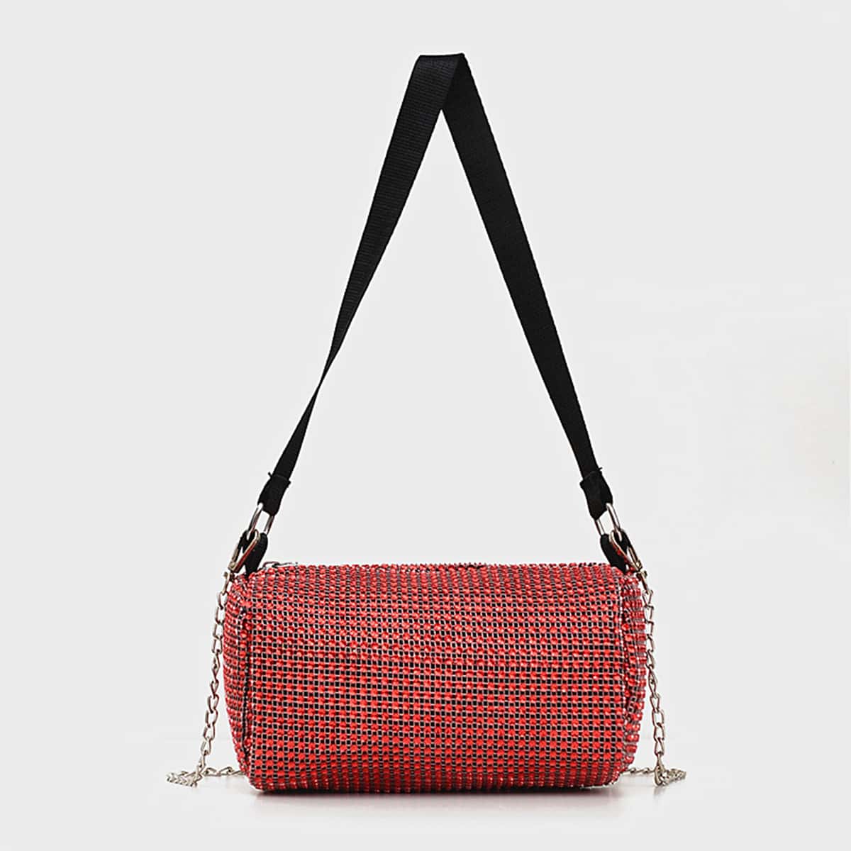 

Rhinestone Chain Baguette Bag, Red