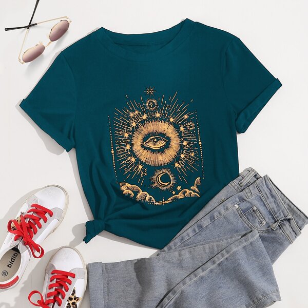 

Plus Eye & Galaxy Print Tee, Teal blue