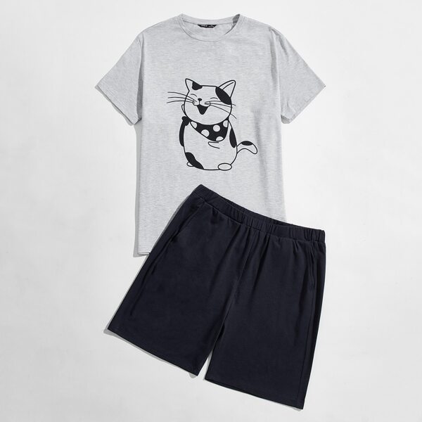 

Men Cat Print Tee & Shorts PJ Set, Multicolor