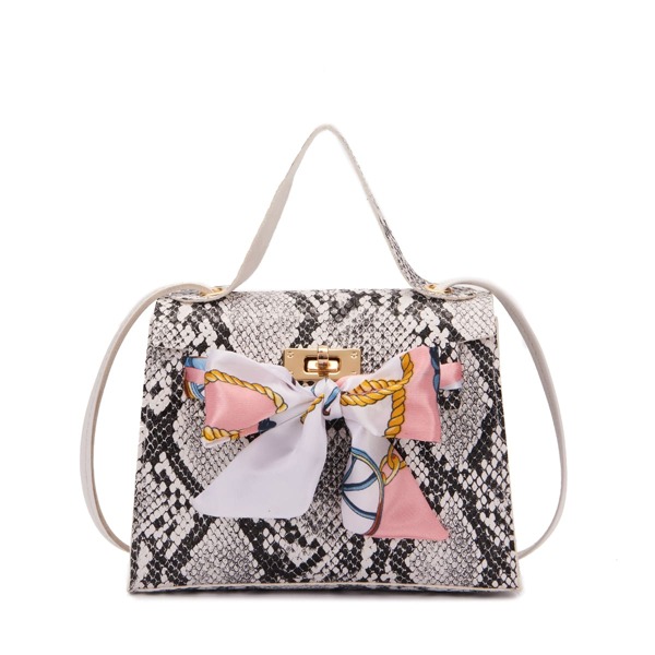 

Twilly Scarf Decor Snakeskin Print Satchel Bag, Grey