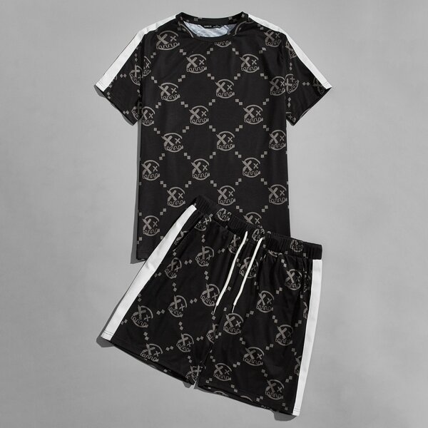 

Men Graphic Print Tee & Contrast Sideseam Shorts Set, Black