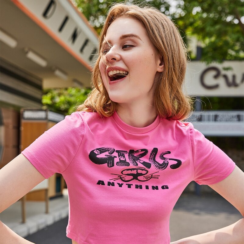 

Letter & Cartoon Graphic Crop Tee, Pink