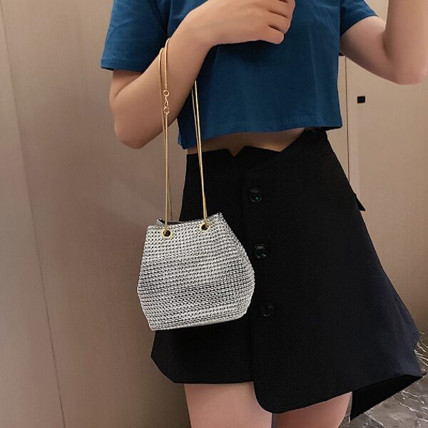 

Mini Allover Rhinestone Decor Bucket Bag, Silver