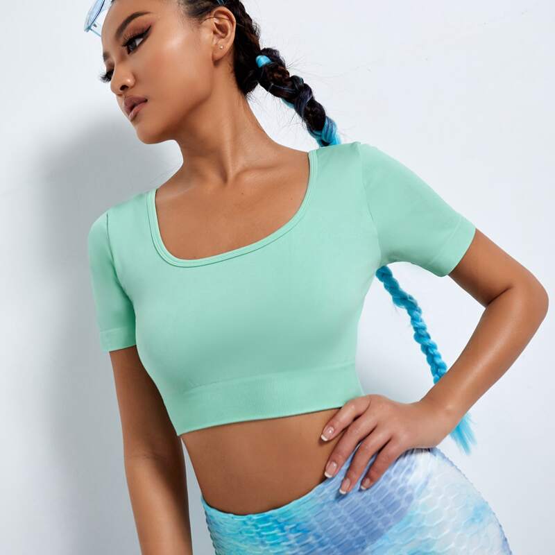 

Solid Scoop Neck Crop Sports Tee, Mint green