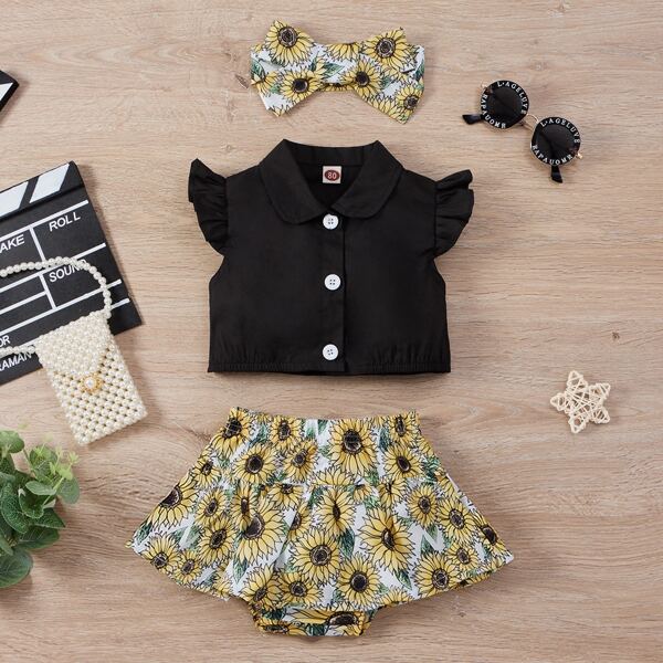 

Baby Girl Button Through Blouse & Floral Skirt & Headband, Multicolor
