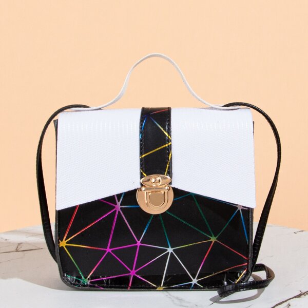 

Geometric Graphic Push Lock Satchel Bag, Black and white