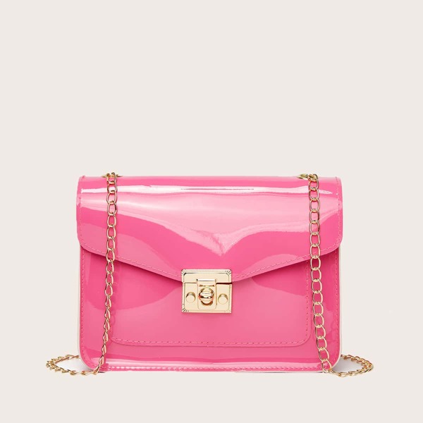

Patent Twist Lock Flap Chain Bag, Pink