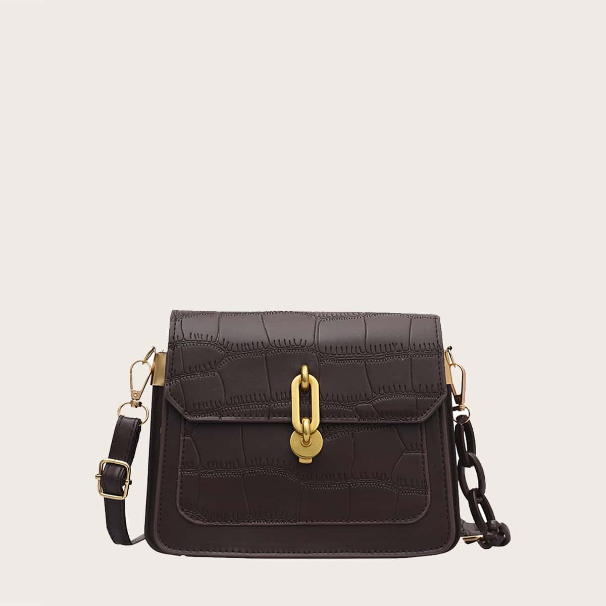 Croc Embossed Square Shoulder Bag, Brown
