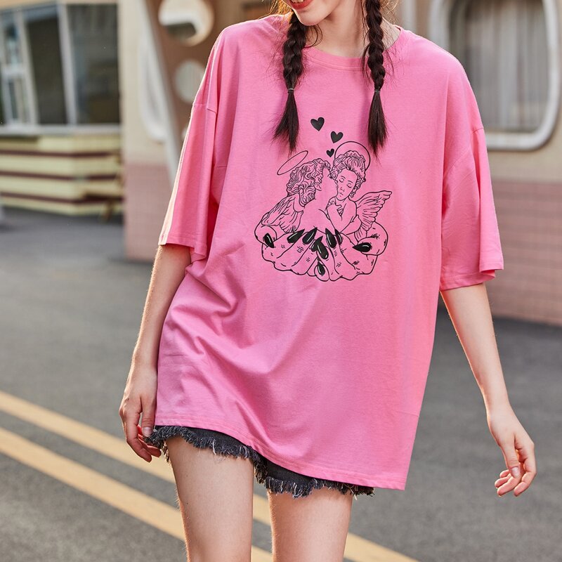 

Drop Shoulder Angel Print Oversized Tee, Pink