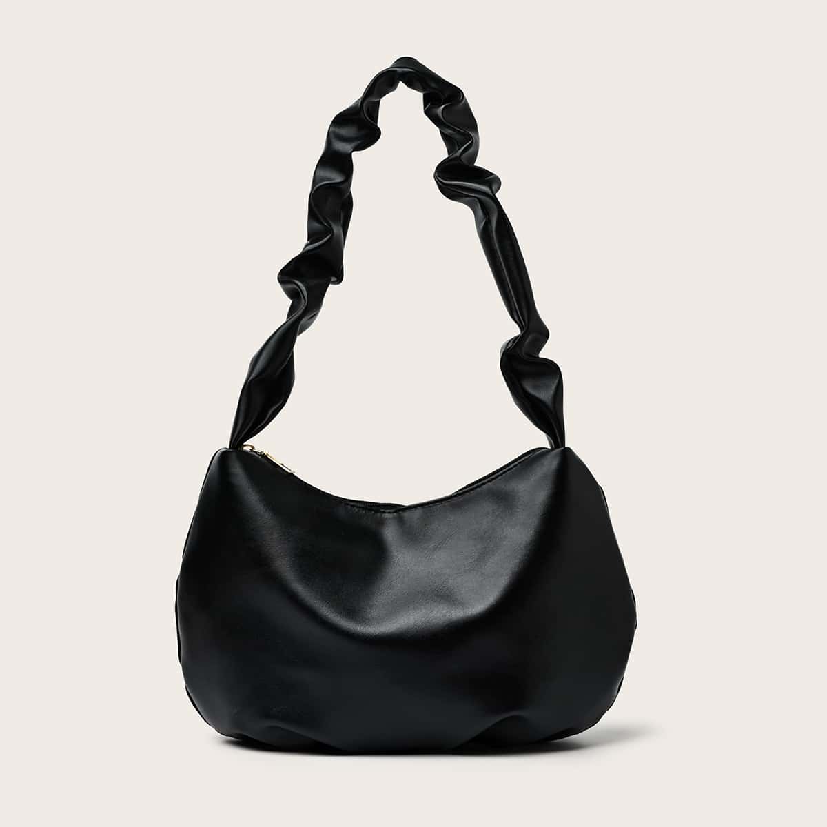 

Solid Ruched Baguette Bag, Black