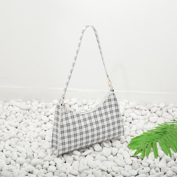 

Plaid Shoulder Bag, Black and white