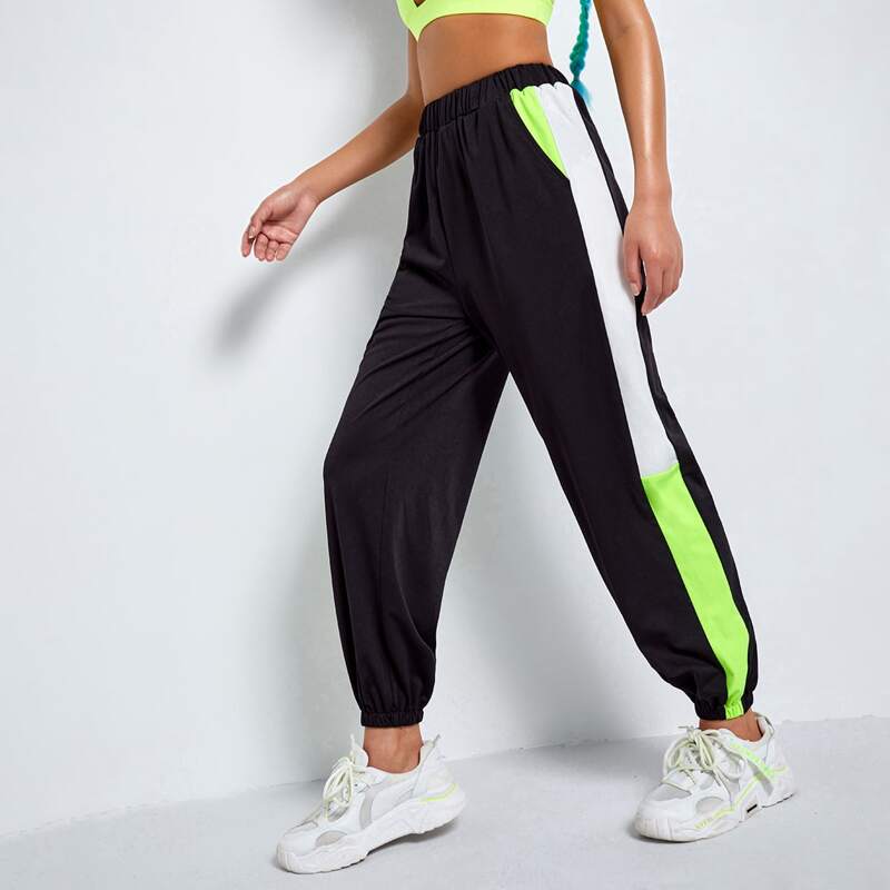 

Color Block Pocket Carrot Sports Pants, Black