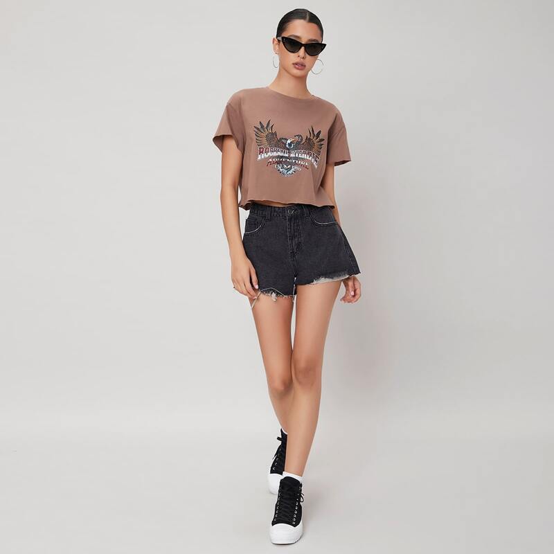 

Raw Hem Wide Leg Denim Shorts, Black