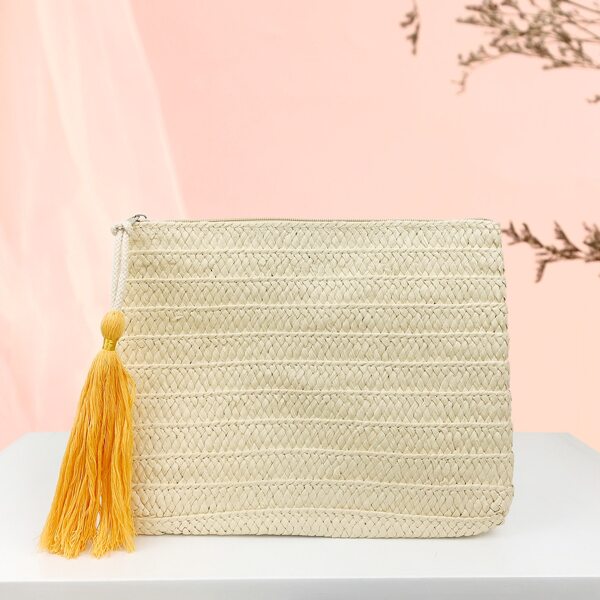 

Tassel Decor Straw Clutch Bag, Beige