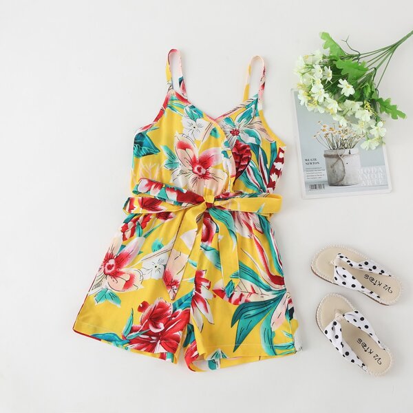 

Toddler Girls Floral Print Belted Cami Romper, Multicolor