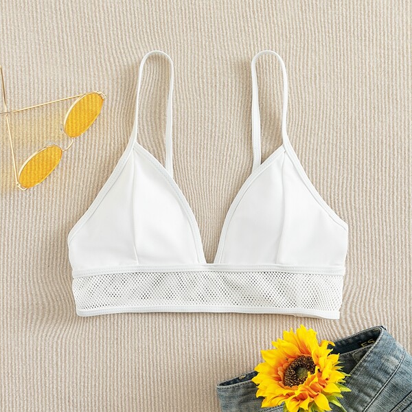 

Fishnet Trim Bikini Top, White