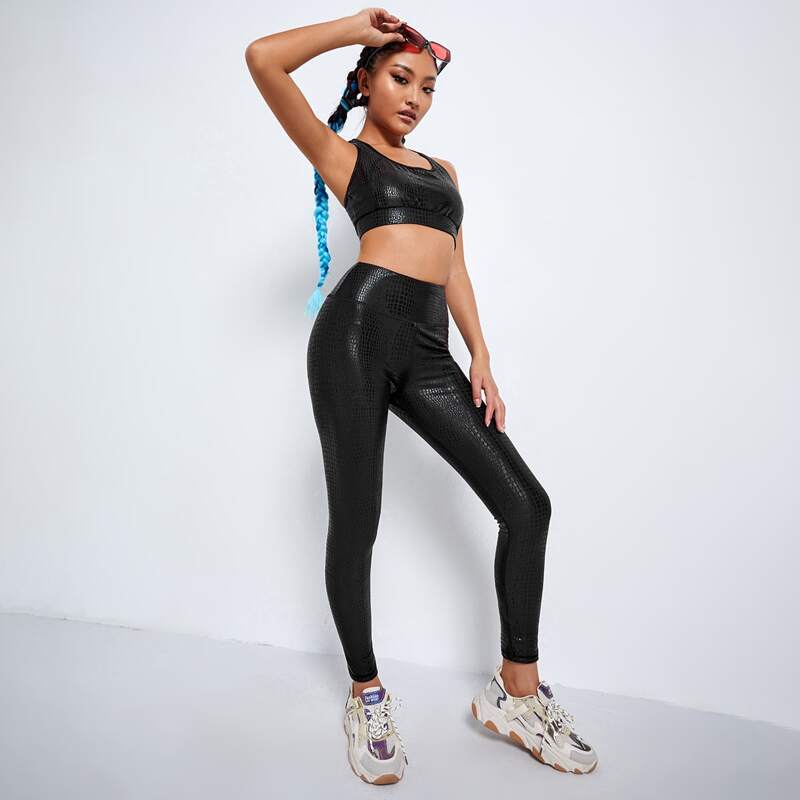 

Crocodile Print Solid Sports Set, Black