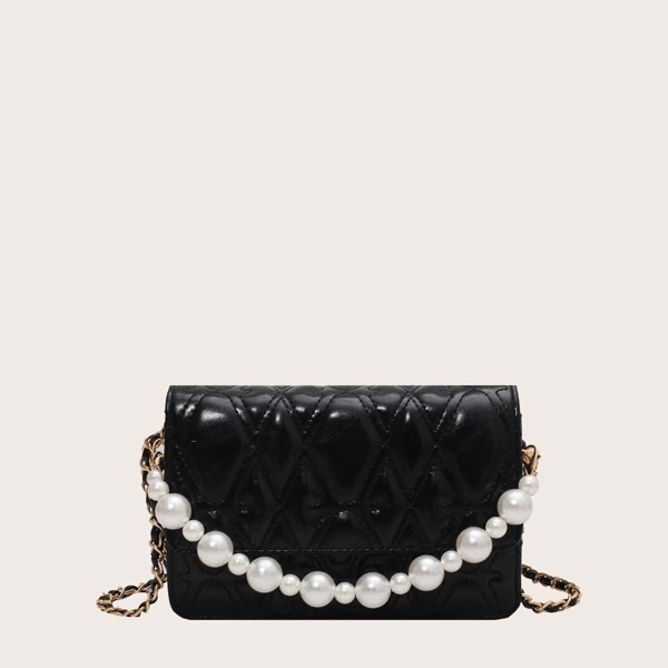 

Faux Pearl Beaded Quilted Satchel Bag, Black