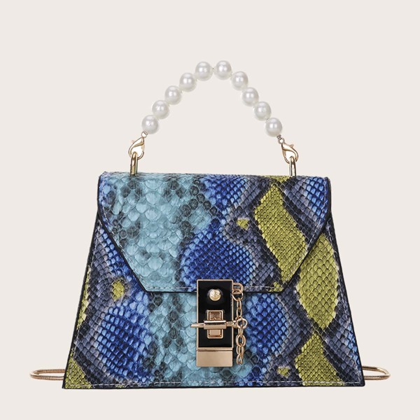 

Faux Pearl Beaded Snakeskin Print Chain Bag, Blue