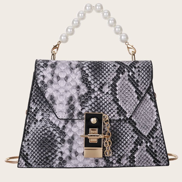 

Faux Pearl Beaded Snakeskin Print Chain Bag, Grey