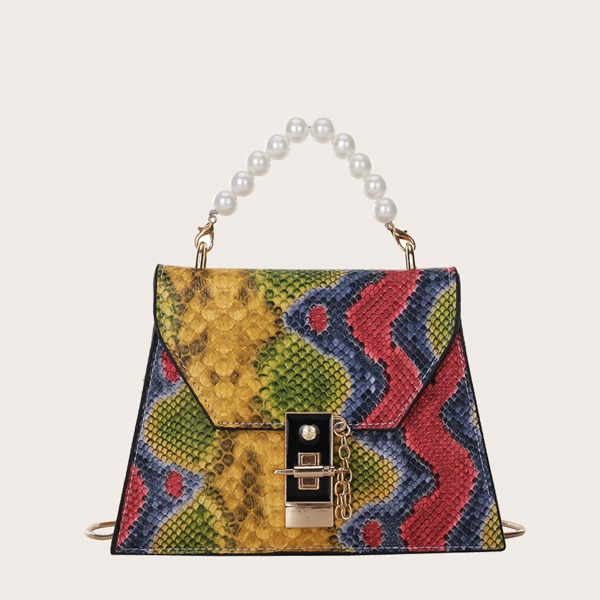 

Faux Pearl Beaded Snakeskin Print Chain Bag, Multicolor