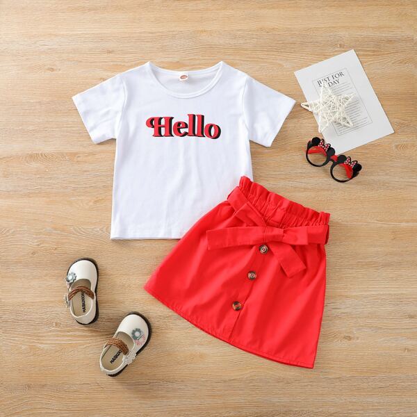 

Toddler Girls Letter Graphic Tee With Belted Paperbag Skirt, Red and white