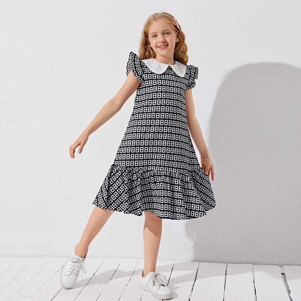 

Girls Peter Pan Collar Ruffle Trim Allover Geo Dress, Black