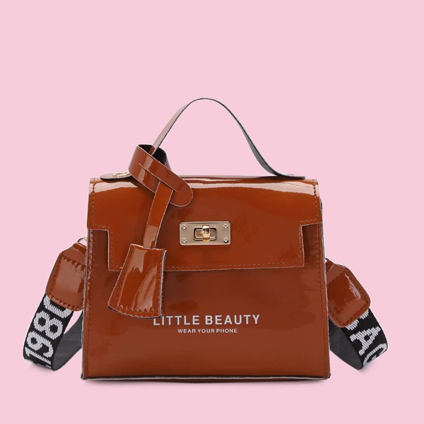 

Letter Graphic Twist Lock Satchel Bag, Brown