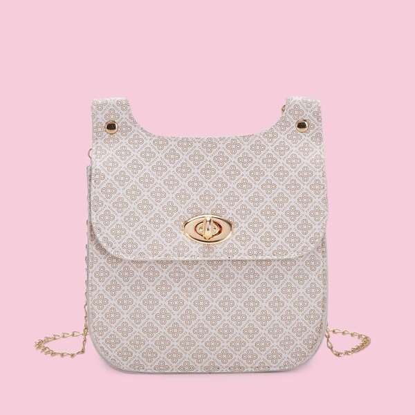 

Floral Graphic Twist Lock Chain Bag, White