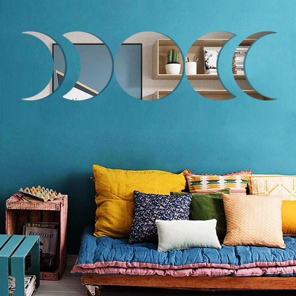 

5pcs Moon Shaped Mirror Surface Wall Sticker, Silver