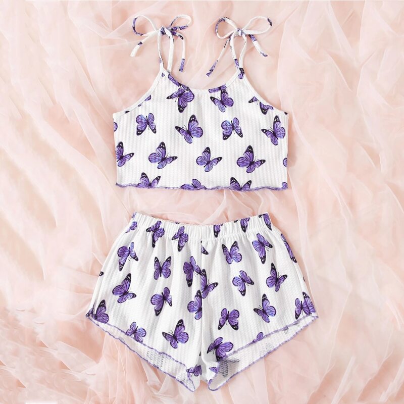 

Butterfly Print Knotted Cami Pajama Set, Multicolor