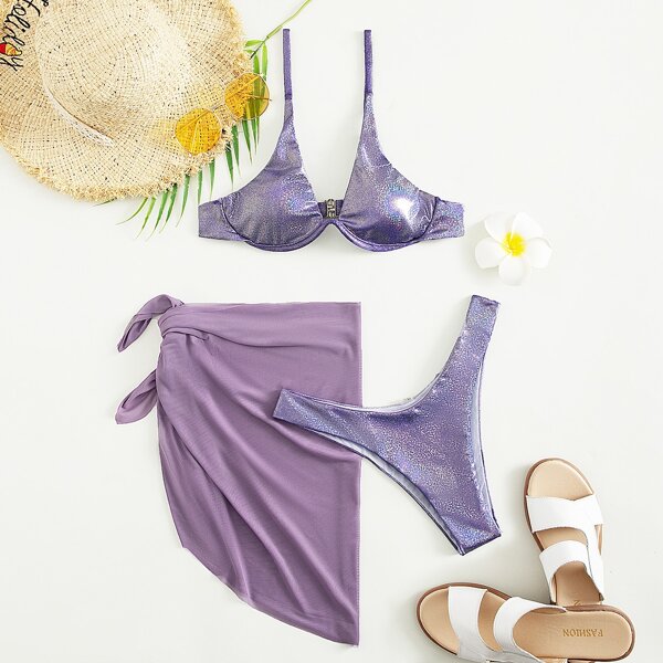 

3pack Metallic High Cut Bikini Swimsuit With Cover Up, Purple