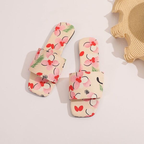 

Floral Slide Sandals, Beige
