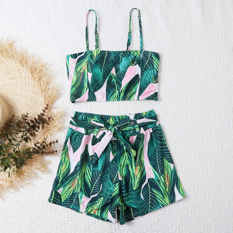 

Tropical Random Print Belted Bikini Swimsuit, Multicolor