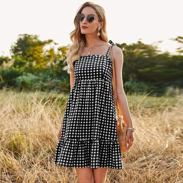 

Gingham Knot Shoulder Cami Sundress, Black and white