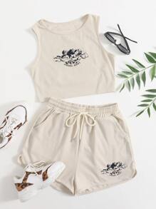 Angel And Letter Graphic Crop Tank Top With Shorts - Beige - View 1