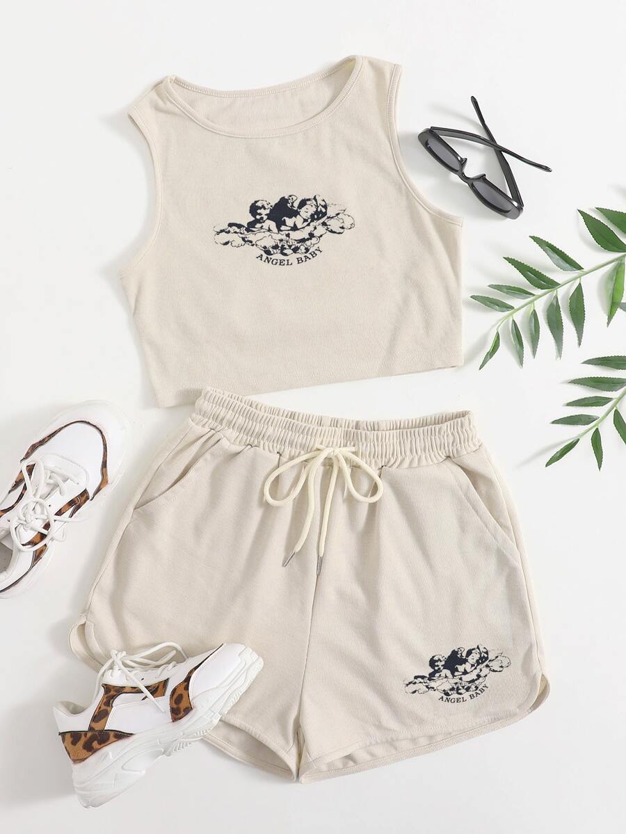 Angel And Letter Graphic Crop Tank Top With Shorts - Beige - View 1