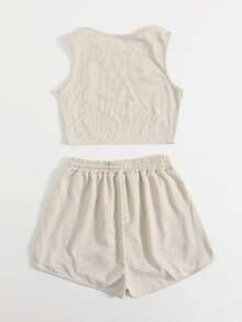 Angel And Letter Graphic Crop Tank Top With Shorts - Beige - View 2